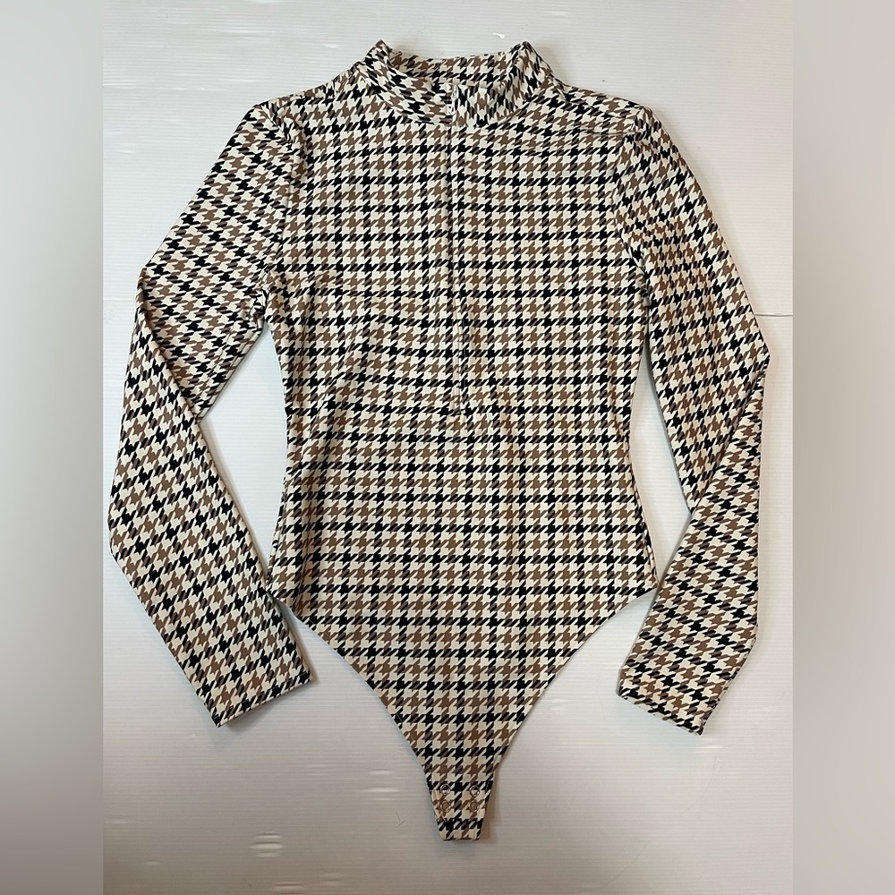 All Access Quarter-Zip Bodysuit Houndstooth Print Black Tan Cream Size M